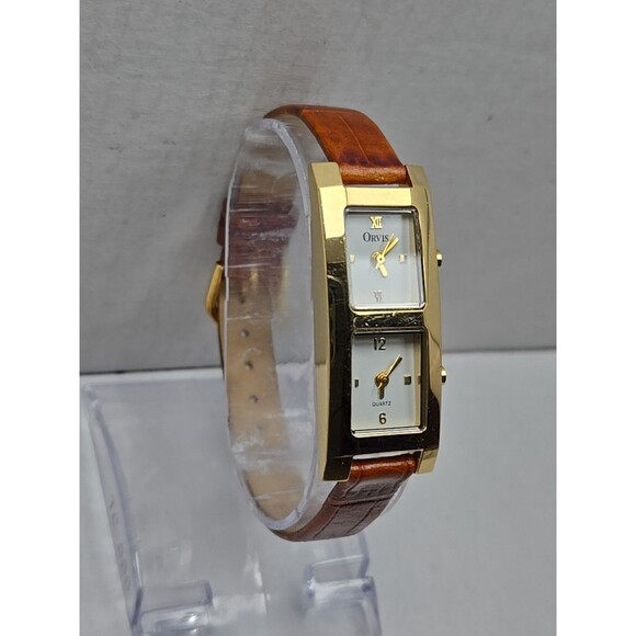 Womens Orvis Dual Time Tank Quartz Watch Gold Tone Brown Leather New Batteries - Picture 3 of 12